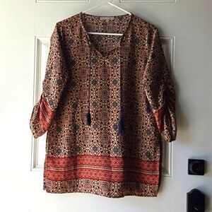 Joan Vass Mandala Print Vneck Tunic Top